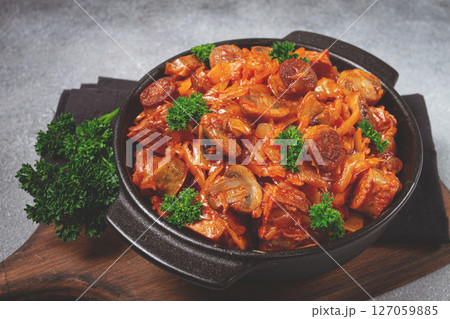 Bigos, bigus is a national Polish dish, made of cabbage and meat, stewed, homemade, no people, 127059885
