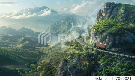 a large truck is moving along a mountain road among greenery, Aerial view panoramic landscape, delivery service, Cargo transportation a large truck is moving along a mountain road among greenery, Aerial view panoramic landscape, delivery service, Cargo transportation 127060021