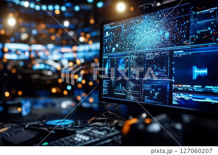 Data Analysis in a Modern Workspace With Digital Screens and High-Tech Equipment at Night 127060207