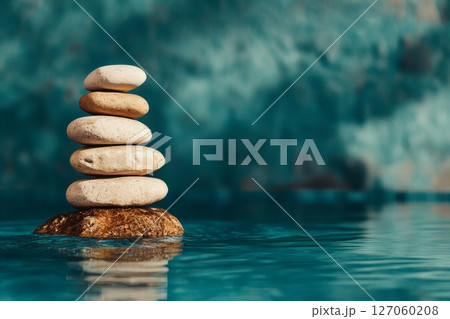 Balanced Stone Tower on a Tranquil Water Surface in a Serene Setting 127060208