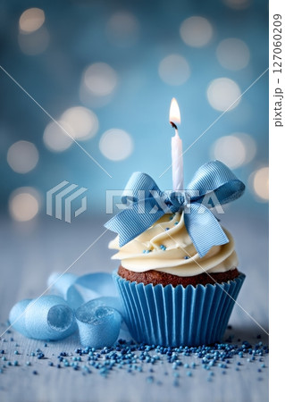 Delicious Cupcake With Blue Frosting and Candle on a Festive Background 127060209