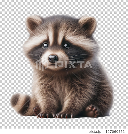 A fluffy raccoon cub sits on the ground with a cute expression, its round eyes full of curiosity. The soft fur and striped tail add to its adorable appearance, evoking a sense of innocence 127060551