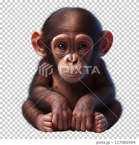 A baby monkey sits in a relaxed posture, gazing curiously. Its round face and small hands exhibit innocence and playfulness, highlighting the charm of young primates 127060564