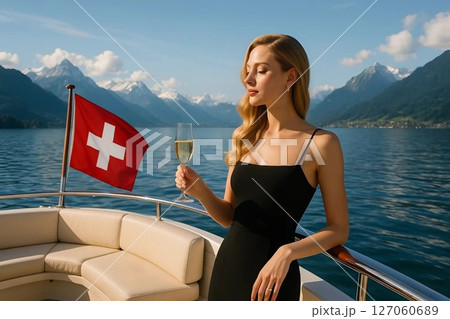 Elegant Woman Enjoying Champagne on Luxury Yacht in Switzerland 127060689