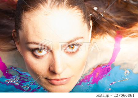 Woman having fun in swimming pool Woman having fun in swimming pool 127060861