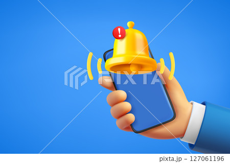 Man holding smartphone with ringing bell. 3d vector banner with copy space 127061196