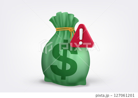 Money sack with red exclamation sign. 3d vector illustration 127061201