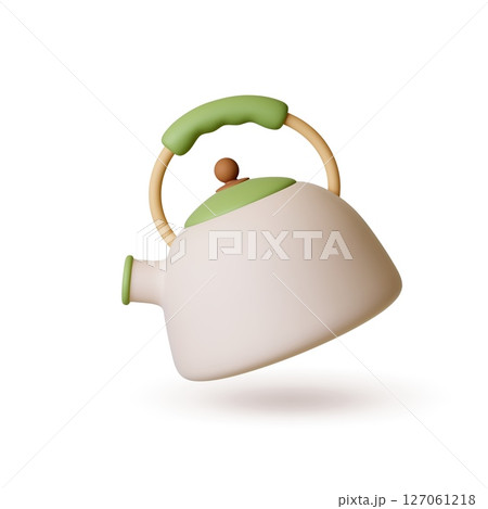 Whistling kettle 3d icon. Isolated teapot realistic rendering style. Kitchen device for boiling water for tea coffee and hot drinks, vector household appliance Whistling kettle 3d icon. Isolated teapot realistic rendering style. Kitchen device for boiling water for tea coffee and hot drinks, vector household appliance 127061218