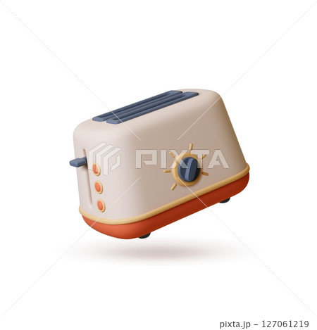 Toaster 3d icon. Isolated kitchen device, small household appliances for cooking bread. Realistic render element for ad, banners, web, vector design Toaster 3d icon. Isolated kitchen device, small household appliances for cooking bread. Realistic render element for ad, banners, web, vector design 127061219