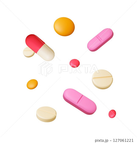 Medicine icons 3d rendering. Isolated realistic pills and capsules. Healthcare, treatment and disease. Pharmacy products, vitamins, vector set 127061221