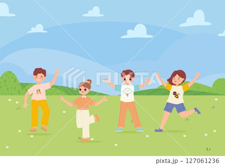 Happy cartoon children on green meadow. Sunny summer or spring day, outdoor playful kids. Boys and girls jumping, funny vector characters 127061236