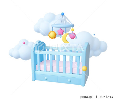 Baby shower concept. Newborn 3d elements, cot, mobile with toys and clouds. Congratulation postcard design, realistic childish vector objects 127061243