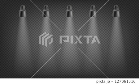 Five projectors on dark background. 3d vector effect isolated on transparent Five projectors on dark background. 3d vector effect isolated on transparent 127061316