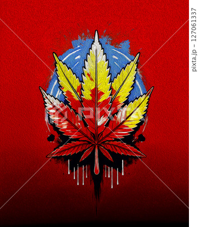 Generative AI fantasies about marijuana. A branch of medical cannabis in colors of Ukrainian flag 127061337