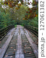 Wooden bridge across the river in the autumn park 127061382