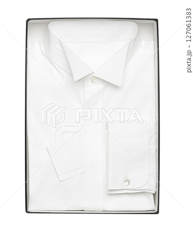 Classic white shirt with cuffs for cufflinks in the box on a white background 127061383