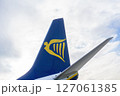 3 January - Porto, Portugal: White-blue-yellow aircraft tail with Ryanair logo 127061385