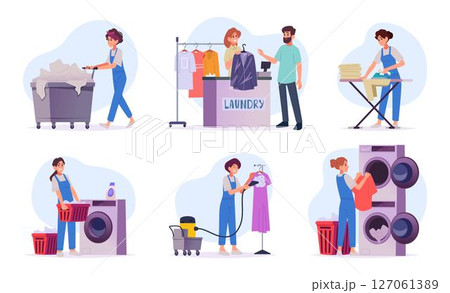 Laundry service. Male and female professional workers cleaning clothes exact vector cartoon set Laundry service. Male and female professional workers cleaning clothes exact vector cartoon set 127061389