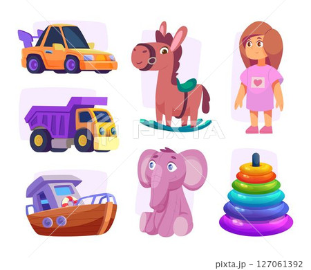 Toys collection. Attraction items for kids exact vector playground elements for happy childrens colorful toys Toys collection. Attraction items for kids exact vector playground elements for happy childrens colorful toys 127061392