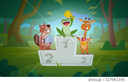 Sport award. Happy animals holding trophy gold and bronze medals or cup exact vector cartoon sport template background Sport award. Happy animals holding trophy gold and bronze medals or cup exact vector cartoon sport template background 127061393