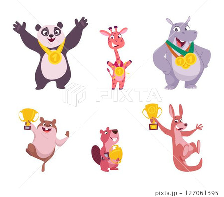 Animal with trophy. Happy cartoon animals holding golden medal or cup of sport achievement exact vector successful characters Animal with trophy. Happy cartoon animals holding golden medal or cup of sport achievement exact vector successful characters 127061395