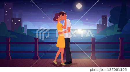Lovers on street. Cartoon background with intimate kissing on street exact vector illustrations of relationship characters Lovers on street. Cartoon background with intimate kissing on street exact vector illustrations of relationship characters 127061396
