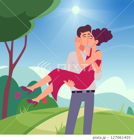 Lovers kissing. man holding girl on hands and kissing Lovers kissing. man holding girl on hands and kissing 127061405