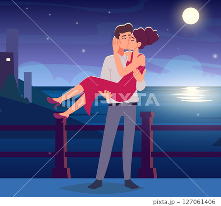 Kissing couple. lovers standing on moonlight landscape and kissing Kissing couple. lovers standing on moonlight landscape and kissing 127061406