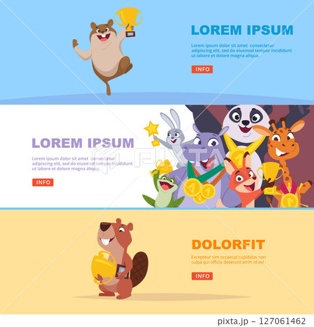 Animals winners. happy cartoon animals holding different competition awards 127061462