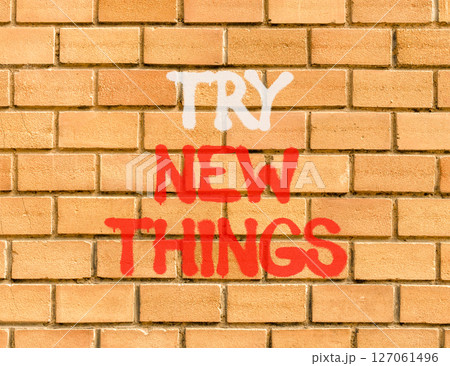 Try new things symbol. Concept words Try new things on beautiful brick wall . Beautiful brick wall background. Business motivational lifestyle try new things concept. Copy space. Try new things symbol. Concept words Try new things on beautiful brick wall . Beautiful brick wall background. Business motivational lifestyle try new things concept. Copy space. 127061496
