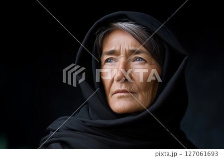Portrait of an old woman in black headscarf with a serious expression. Portrait of an old woman in black headscarf with a serious expression. 127061693