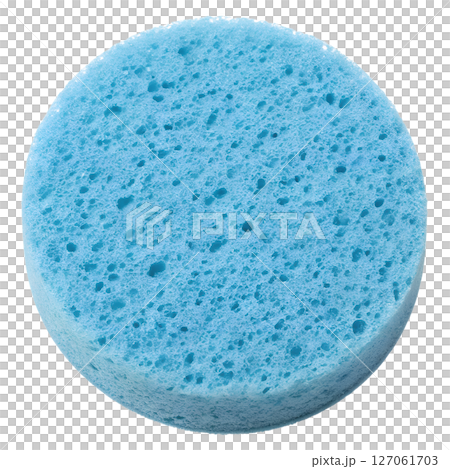 Blue circular sponge on transparent background, soft cleaning tool, round shape, foam texture, household item, water absorbent, hygiene product 127061703