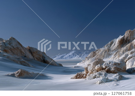 snowy landscape with blue sky and snow-capped mountains 127061758
