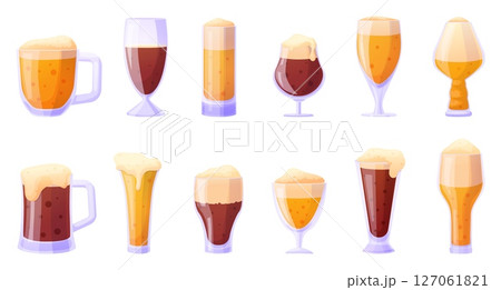 Cartoon beer glass. Different glasses beer, light and dark drinks with foam in special mugs. Oktoberfest symbols, light alcoholic beverages nowaday vector icons Cartoon beer glass. Different glasses beer, light and dark drinks with foam in special mugs. Oktoberfest symbols, light alcoholic beverages nowaday vector icons 127061821