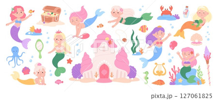 Cartoon mermaid and accessories. Underwater fairy tale elements, castle, chest with treasures, magic wand and mirror. Childish racy vector collection 127061825