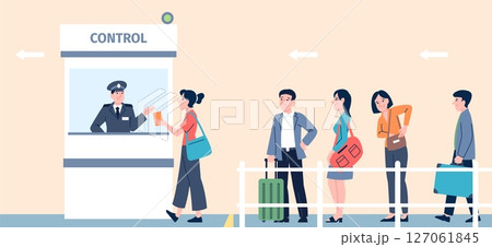 Passport control. Tourist with luggage on check point in airport or border. Officer in counter looking documents. People in waiting line, recent vector concept 127061845