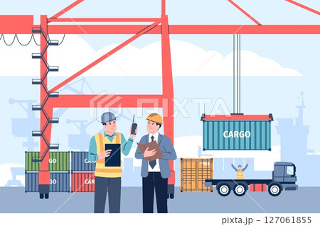 Cargo terminal workers. Unload freight containers on auto trucks. Warehouse and seaport workers, transportation and logistic, recent vector scene 127061855