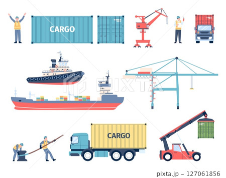 Seaport flat elements. Cargo terminal equipment, transport and workers. Containers, trucks, ships and construction crane. Flat recent vector set 127061856