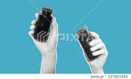 Two hands holding black bottles in halftone effect. Minimalist black and white graphic design for posters and print materials Two hands holding black bottles in halftone effect. Minimalist black and white graphic design for posters and print materials 127061883