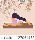 Young woman practicing yoga exercise, faceless style. Woman workout fitness, yoga studio, center poster. Plow pose. 127061952