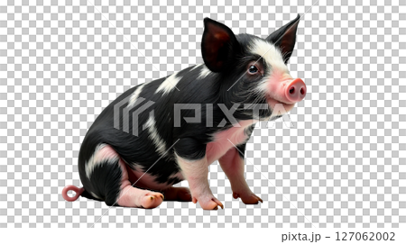 Small and rounded Kunekune pig sits isolated with a striking black and white coat. Its short legs and playful demeanor capture attention against the transparent backdrop. 127062002