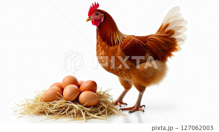 A Lohmann Brown hen with warm reddish brown feathers and distinctive white tail tips stands beside a nest of freshly laid eggs. 127062003