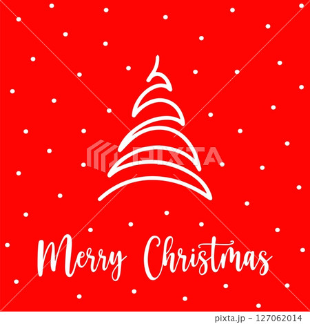 Merry Christmas postcard with minimalistic Christmas tree. Hand drawn white tree on red background with white snowflakes. Concept send Merry Christmas wishes with stylish postcard design. Xmas tree Merry Christmas postcard with minimalistic Christmas tree. Hand drawn white tree on red background with white snowflakes. Concept send Merry Christmas wishes with stylish postcard design. Xmas tree 127062014