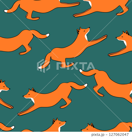Seamless pattern with cute fox baby on color background. Funny forest animals. Card, postcards for kids. Flat vector illustration for fabric, textile, wallpaper, poster, paper 127062047