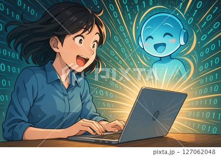ラップトップを操作しながらAIとボイスチャットを楽しむアジア系女性 127062048