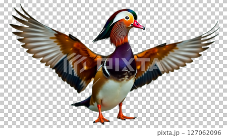 A male Mandarin duck showcases its striking orange sail feathers and iridescent purple green head, wings fully extended, in an isolated setting. 127062096
