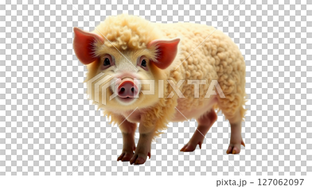 A fluffy Mangalitsa pig showcases its curly golden blond coat, resembling a sheep's fleece. This unique pig stands isolated, displaying its charming features. A fluffy Mangalitsa pig showcases its curly golden blond coat, resembling a sheep's fleece. This unique pig stands isolated, displaying its charming features. 127062097