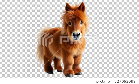 This stocky miniature Shetland pony exhibits a vibrant chestnut coat and fluffy fetlocks, standing confidently on a transparent background. The pony's thick mane adds to its charm. This stocky miniature Shetland pony exhibits a vibrant chestnut coat and fluffy fetlocks, standing confidently on a transparent background. The pony's thick mane adds to its charm. 127062098