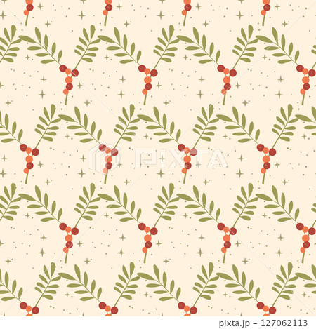 Christmas seamless pattern. Holiday Background with berry fruit. Doodle sprigs print. Design for hiliday card, poster, fabric, textile Christmas seamless pattern. Holiday Background with berry fruit. Doodle sprigs print. Design for hiliday card, poster, fabric, textile 127062113