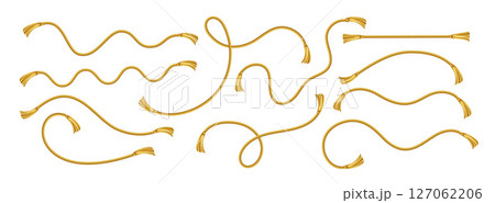 Vector Illustration Background Featuring Realistic Gold Ropes in Various Twisted and Curled Arrangements, Depicting Decorative and Ornamental Rope Shapes, Isolated on a White Background 127062206
